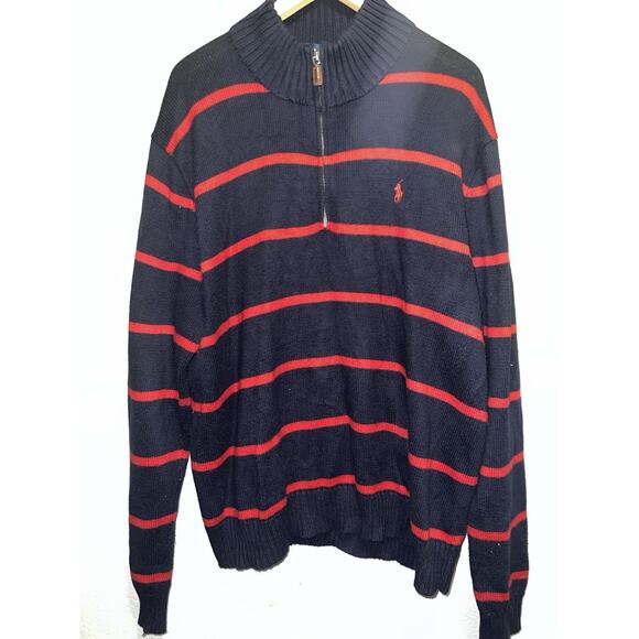 Polo Ralph Lauren 1/4 Zip Sweater Pullover Striped Blue Red Men’s XL Shacket - Picture 1 of 6